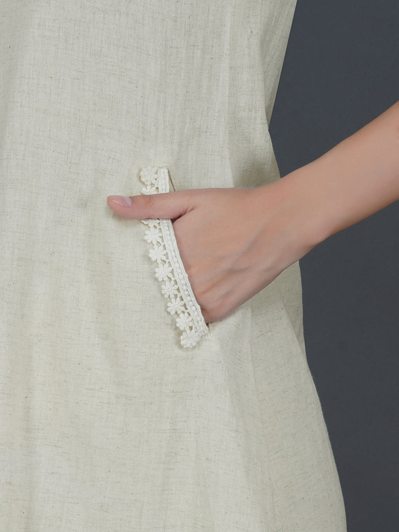 Set of off cotton white flex v neck kurta with lace and co-ordinated flex pant-Kurta Set-Fabnest