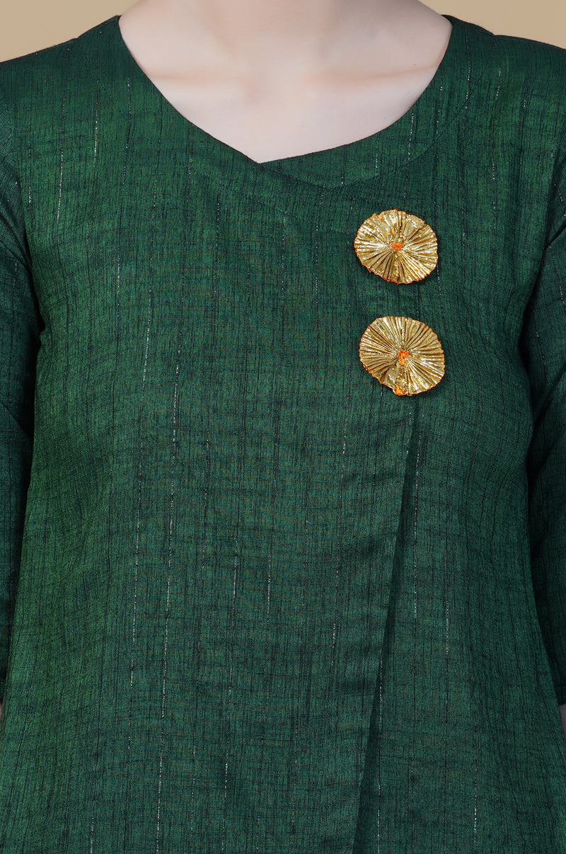 Green linen cotton self design lurex A line kurta with pants-Kurta Set-Fabnest
