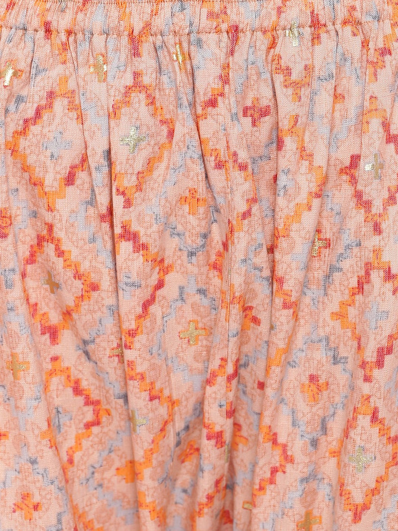 Rayon peach printed kurta and pant set with thread detailing on placket and cuff.-Kurta Set-Fabnest