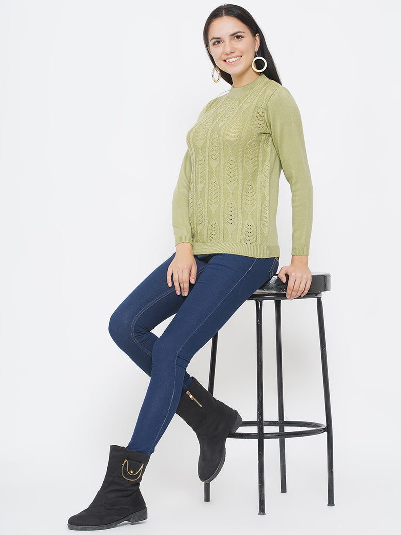 Women`s Acrylic Light Green Self Design Winter Sweater-Pullover-Fabnest