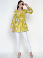 Lime chevron cotton gathered top with tiered sleeves-Top-Fabnest