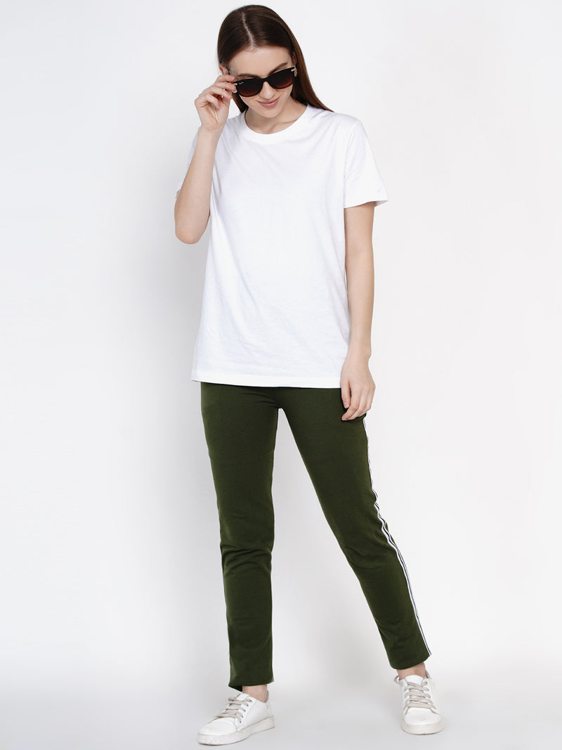 Loop Knit Olive Green Solid Track Pant With Side Tapes-Track Pants-Fabnest