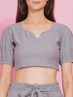 Chambray cropped top with high waisted straight pants co-ord set-Co-ords-Fabnest