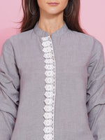 Pleat at front accented with lace Chambray short kurta ONLY-Kurta-Fabnest