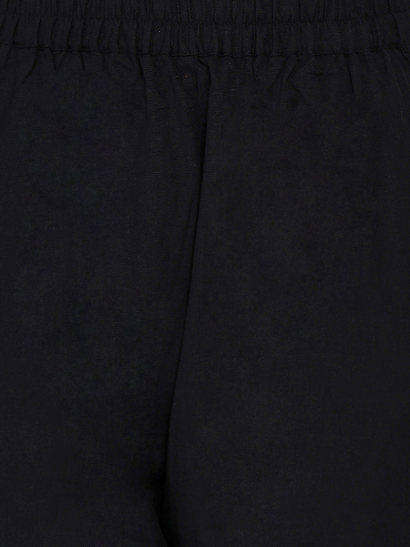 Black Cotton Set of petal pants and straight kurta with jacquard lace at neck-Kurta Set-Fabnest