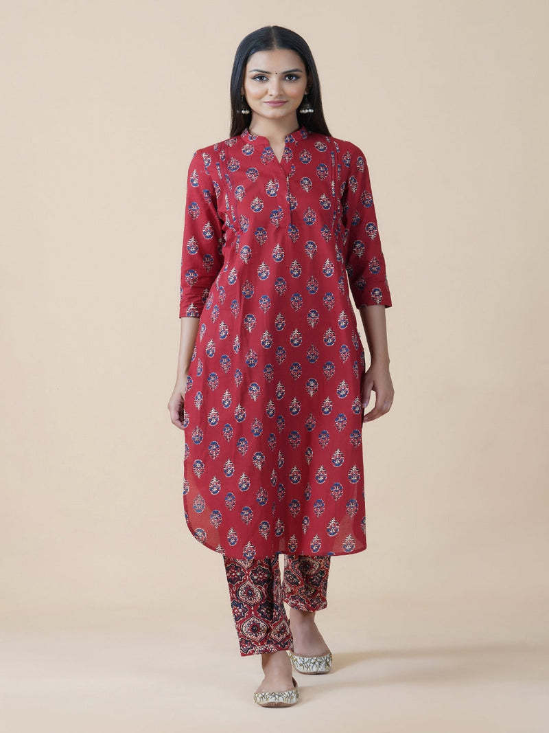2 pc set of cotton red ajrakh print kurta set with pintucks and u-shaped hem and cotton red ajrakh print s with pleated bottom-Kurta Set-Fabnest