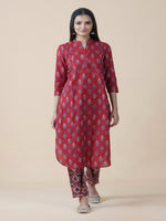 Cotton red ajrakh print with pintucks and u-shaped bottom Kurta ONLY-Kurta-Fabnest