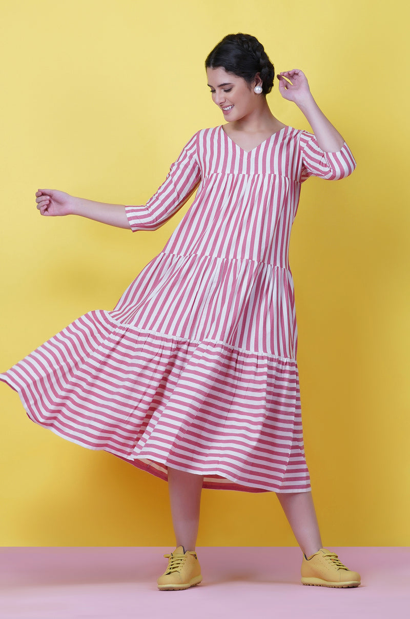 Red And White Stripe Cotton Tiered Dress-Dress-Fabnest