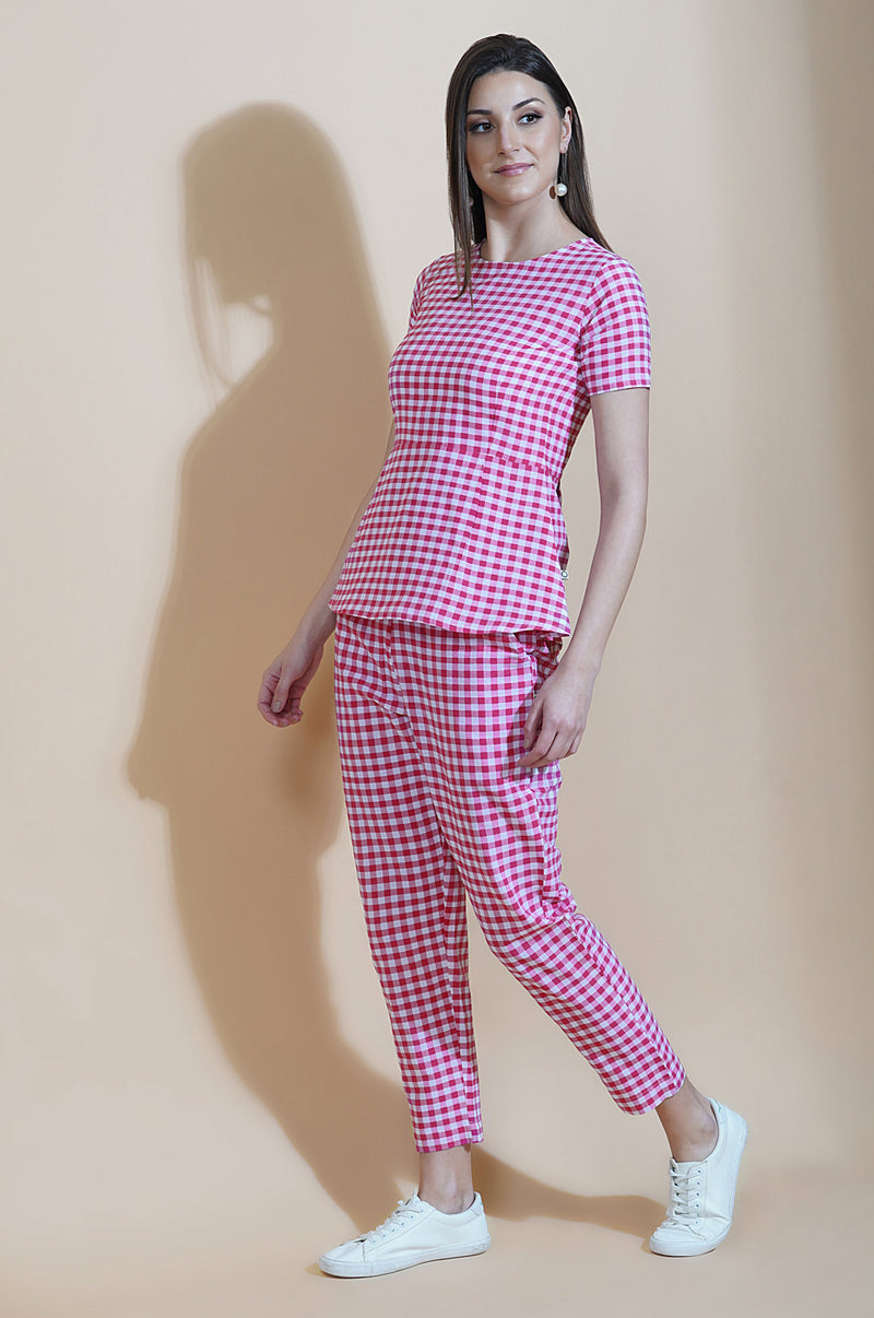 Pink and white gingham straight pant and peplum top set-Co-ords-Fabnest