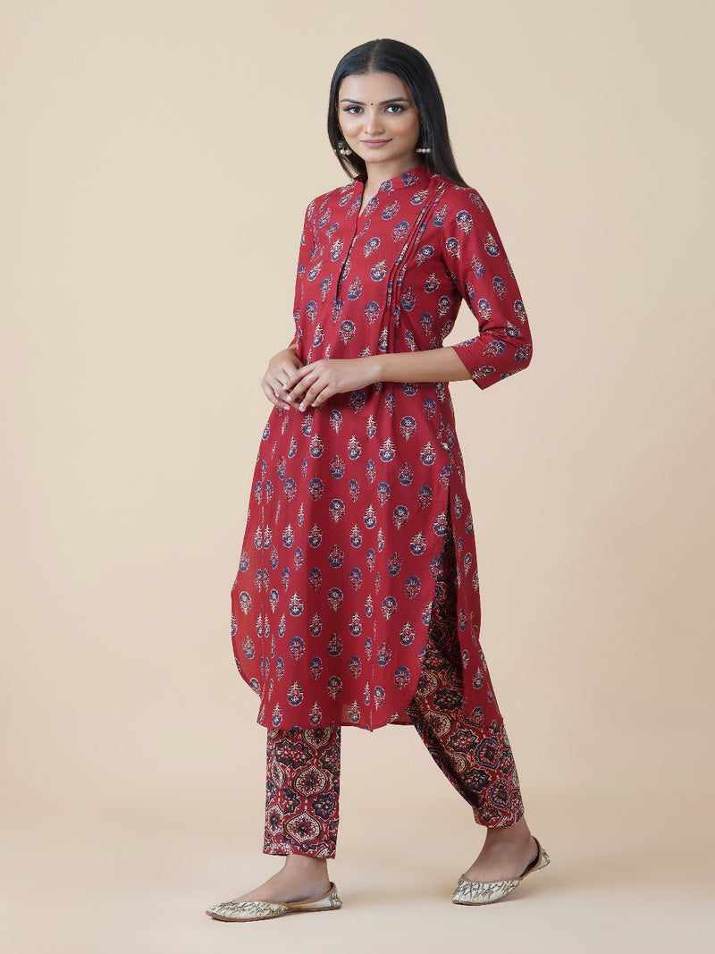 2 pc set of cotton red ajrakh print kurta set with pintucks and u-shaped hem and cotton red ajrakh print s with pleated bottom-Kurta Set-Fabnest