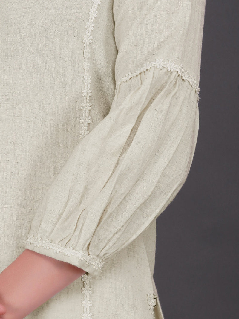 Set of off white coton flex gathered sleeve kurta with lace work and co-ordinated lace work pants-Kurta Set-Fabnest