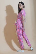 Pink and white gingham straight pant and peplum top set-Co-ords-Fabnest