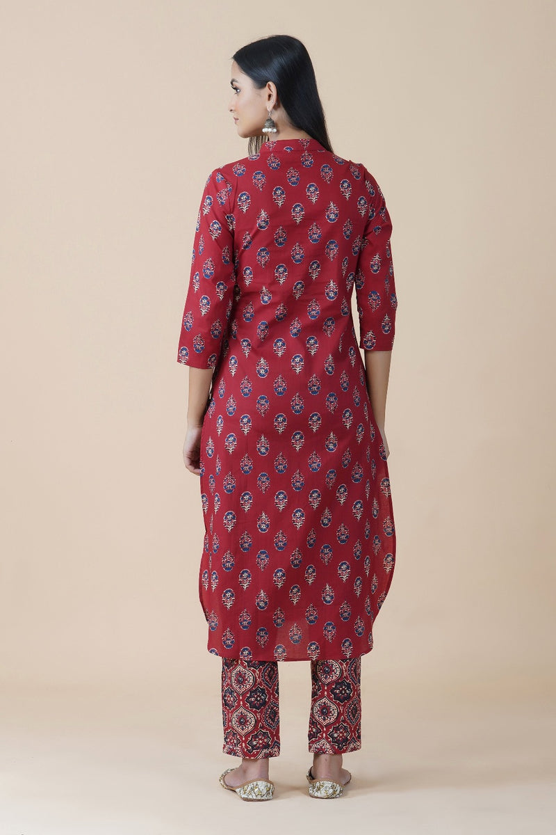 Cotton red ajrakh print with pintucks and u-shaped bottom Kurta ONLY-Kurta-Fabnest