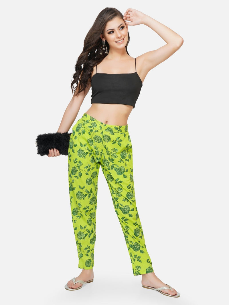 Cotton green printed tapered pants-Bottoms-Fabnest