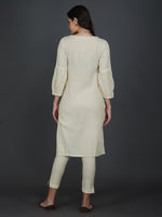 Set of off white coton flex gathered sleeve kurta with lace work and co-ordinated lace work pants-Kurta Set-Fabnest