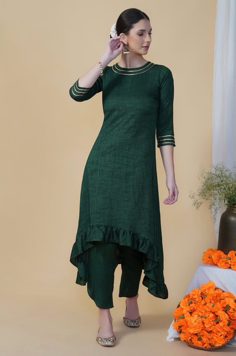 Green linen cotton self design lurex high low frilled kurta with petal pants-Kurta Set-Fabnest