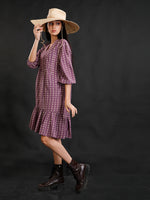 Purple Cotton Discharge Print V Necked Tiered Dress , Knee Length-Dress-Fabnest