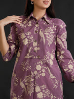 Purple Cotton Discharge Brid Print Collar neck And Full Sleeves. Kurta Only-Kurta-Fabnest