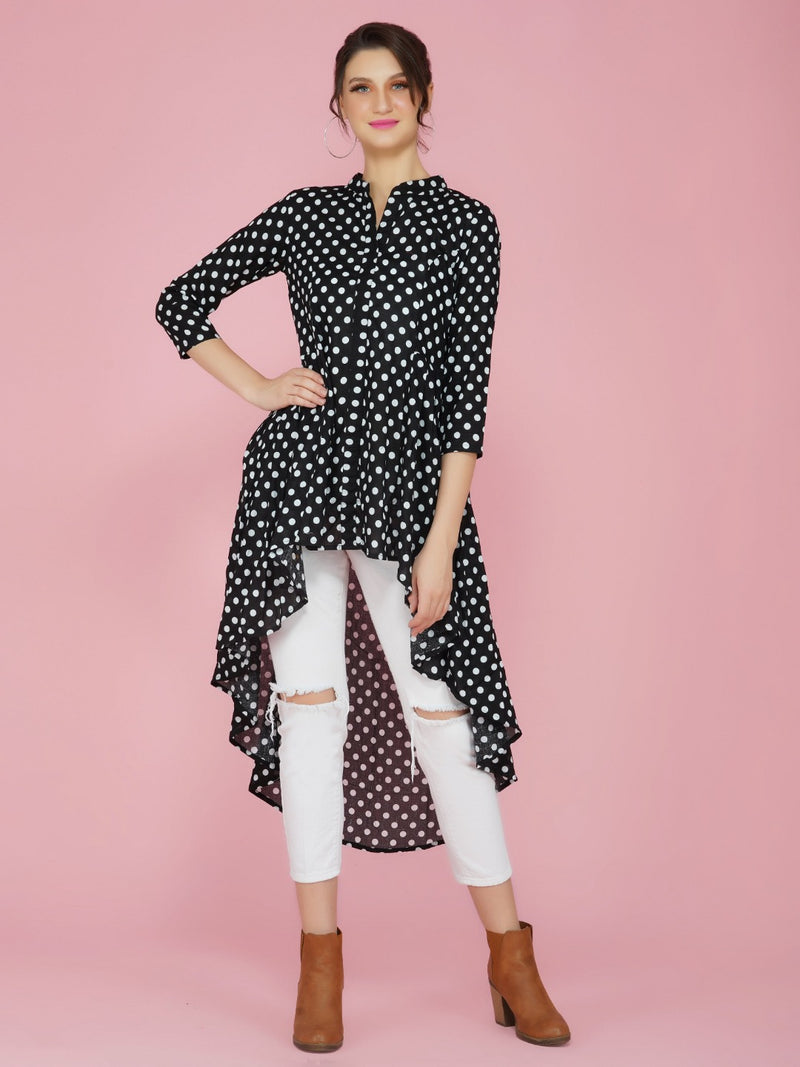 Black and white polka dot cotton asymmetrical tunic-Tunic-Fabnest