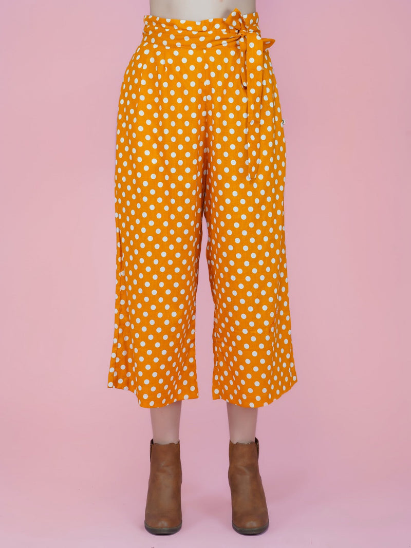 Yellow and white polka dot cotton highwaist pants-Bottoms-Fabnest