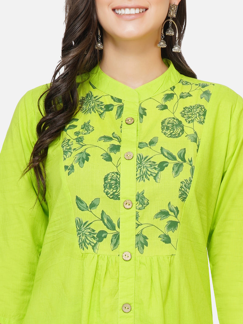 Cotton green solid kurta with front placket and printed yoke, paired with green printed tapered pants-Kurta Set-Fabnest