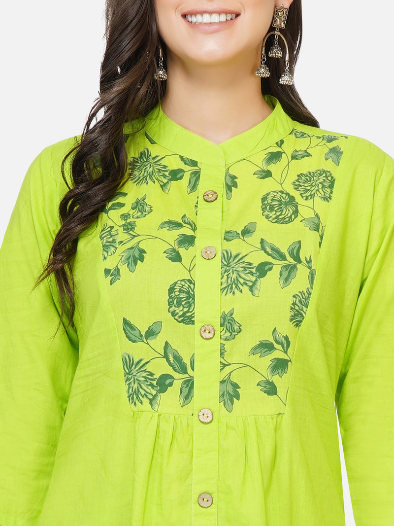 Cotton green solid kurta with front placket and printed yoke-Kurta-Fabnest