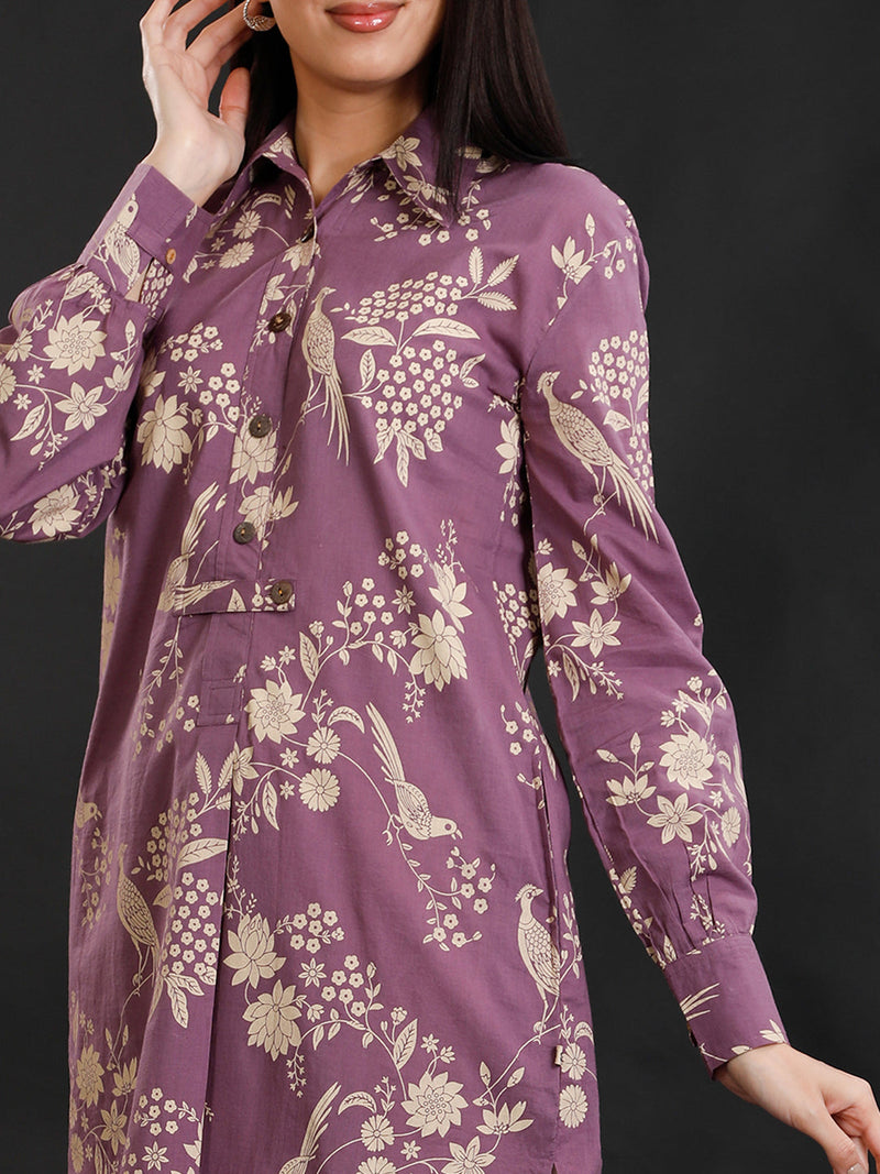 Purple Cotton Discharge Brid Print Collar Neck Kurta And Pant Set-Full Sets-Fabnest