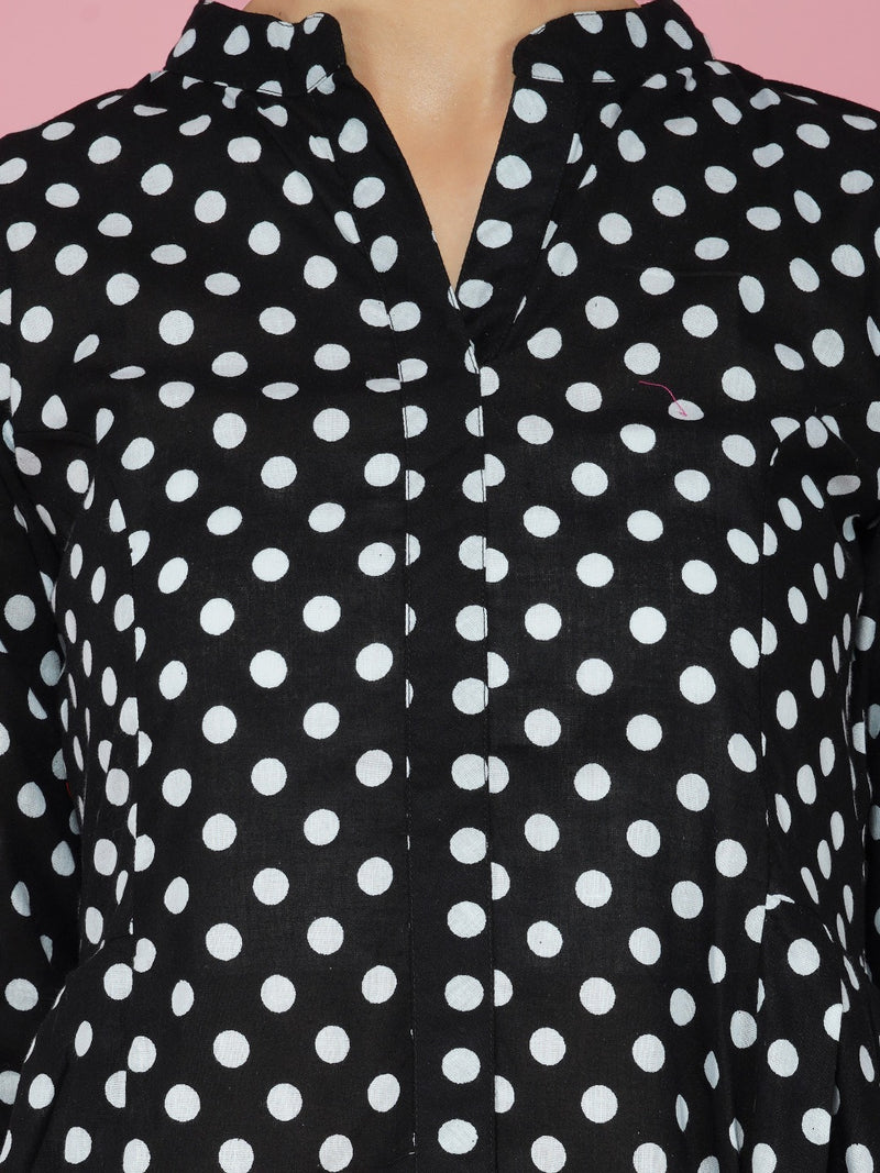 Black and white polka dot cotton asymmetrical tunic-Tunic-Fabnest