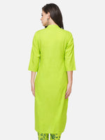 Cotton green solid kurta with front placket and printed yoke-Kurta-Fabnest