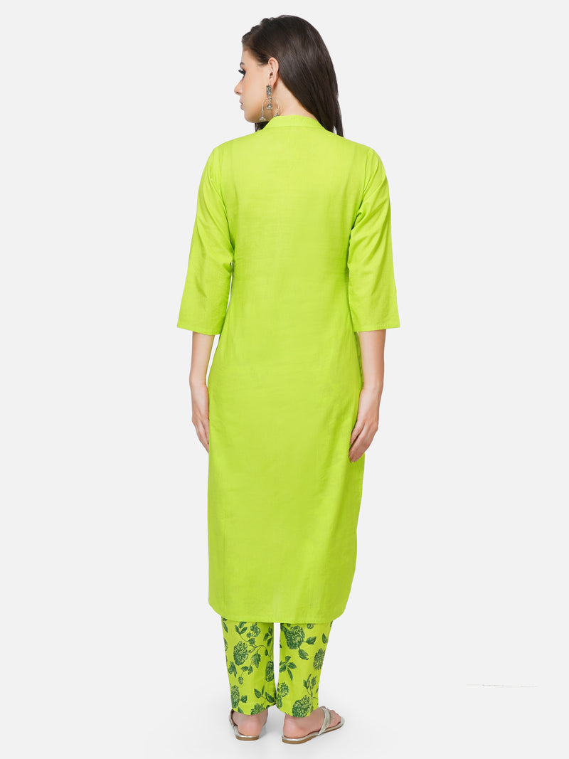 Cotton green solid kurta with front placket and printed yoke, paired with green printed tapered pants-Kurta Set-Fabnest