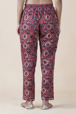 Cotton red ajrakh print pants with pleated bottom-Bottoms-Fabnest