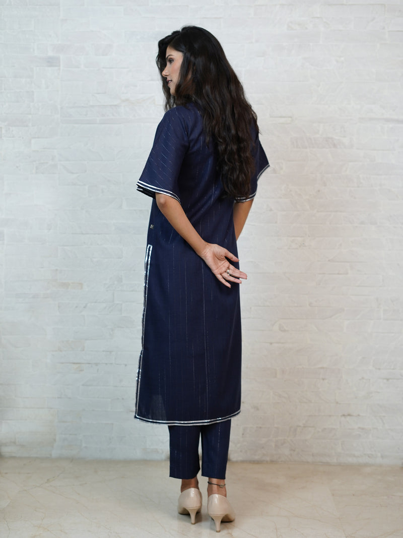 Navy blue cotton blend lurex straight kurta with Bell sleeves and gota inserts, paired with straight pants.-Full Sets-Fabnest