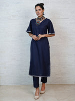 Navy blue cotton blend lurex straight kurta with Bell sleeves and gota inserts, paired with straight pants.-Full Sets-Fabnest