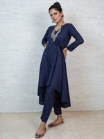 Navy blue cotton blend lurex assymetrical tunic with side tie up, paired with straight pants.-Full Sets-Fabnest