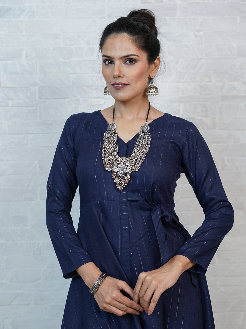 Navy blue cotton blend lurex assymetrical tunic with side tie up, paired with straight pants.-Full Sets-Fabnest