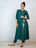 Dark green cotton blend lurex angarkha with golden lace inserts kurta paired with straight pants.-Full Sets-Fabnest