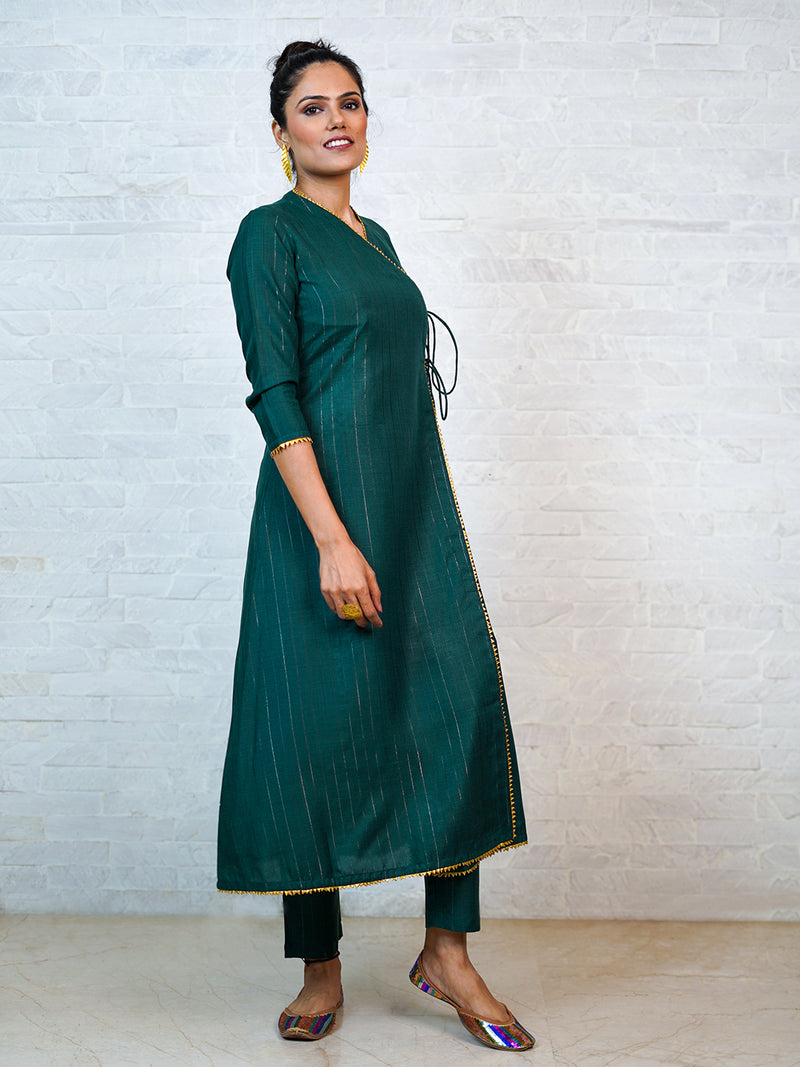 Dark green cotton blend lurex angarkha with golden lace inserts kurta paired with straight pants.-Full Sets-Fabnest