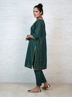 Dark green cotton blend lurex loose fit straight kurta with gota inserts paired with straight pants-Full Sets-Fabnest