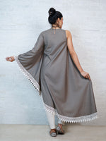 Grey cotton blend lurex, one side sleeve less, the other side circular kaftaan with lace at hem. kurta Only-Kurta-Fabnest