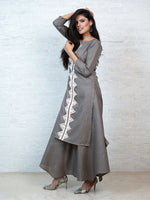 Grey cotton blend lurex straight kurta with lace at center front paired with asymmetrical pants-Full Sets-Fabnest