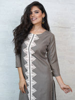 Grey cotton blend lurex straight kurta with lace at center front paired with asymmetrical pants-Full Sets-Fabnest