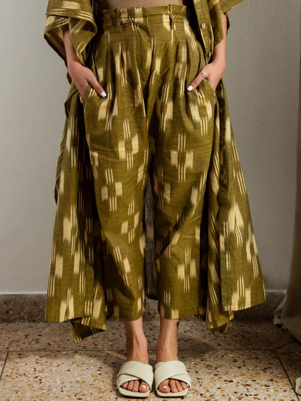 Handloom cotton mustard high waist belted stylised pants-Bottoms-Fabnest