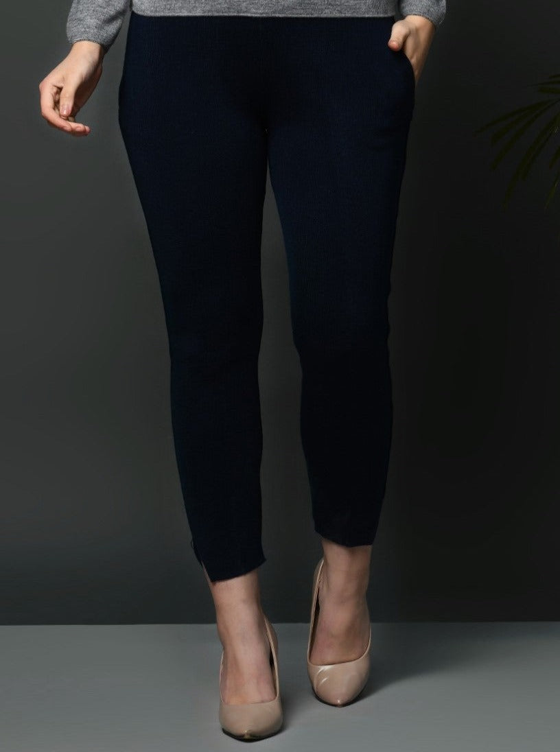 Navy acrylic winter jeggings with pockets-Bottoms-Fabnest