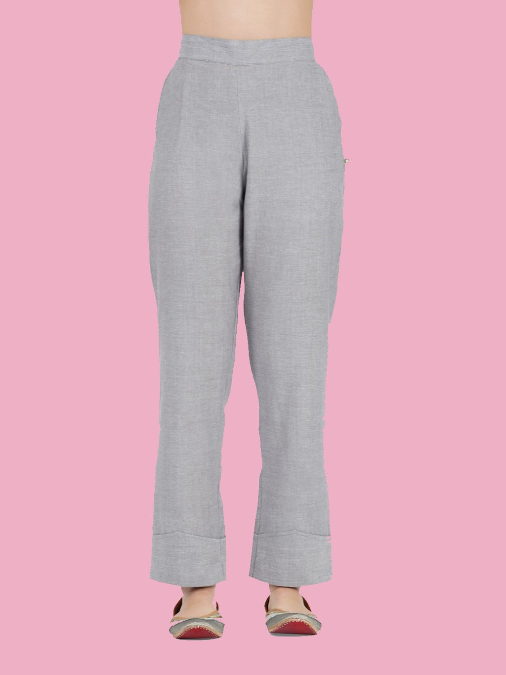Chambray solid cuffed pants-Bottoms-Fabnest