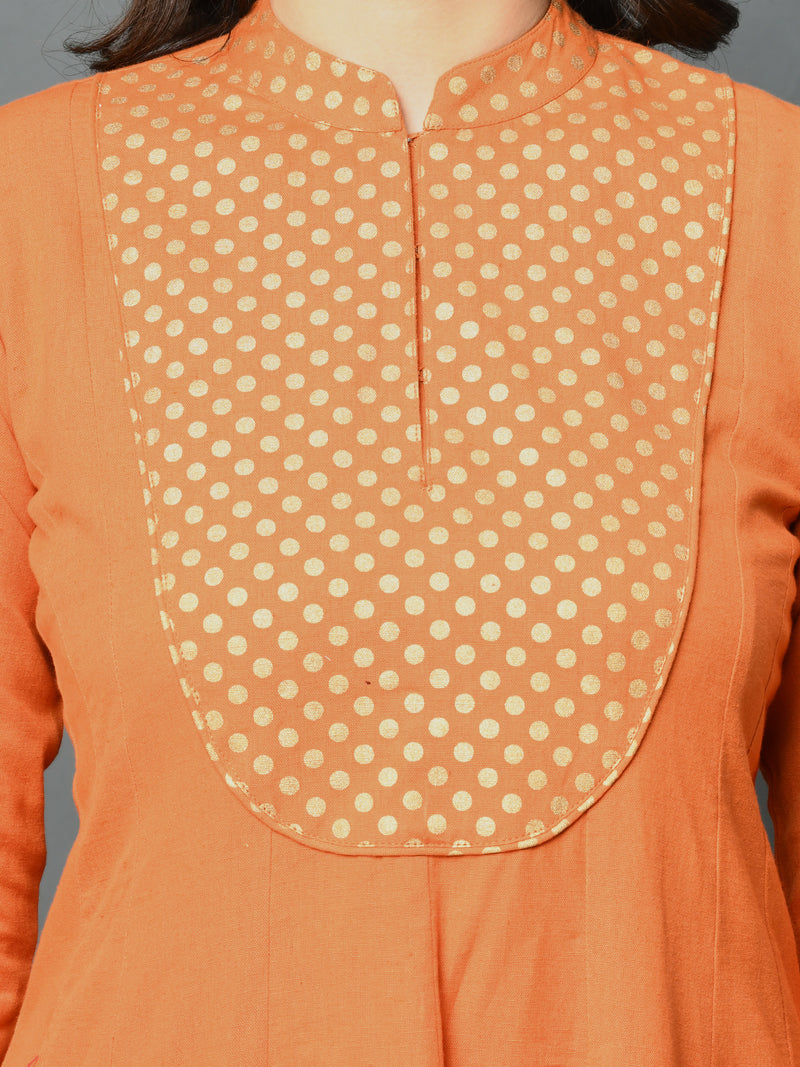 Fabnest Orange flex assymetric hem kurta with printed yoke-Kurta-Fabnest