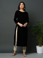 Black coloured velvet kurta with slit and golden gota detailing-Kurta-Fabnest