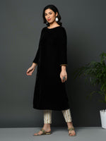 Black coloured velvet kurta with slit and golden gota detailing-Kurta-Fabnest