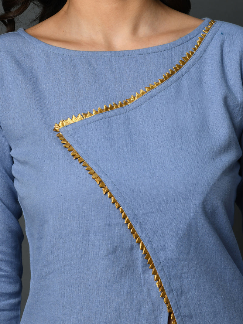 Light blue flex assymetric overlap tunic with gota inserts-Kurta-Fabnest