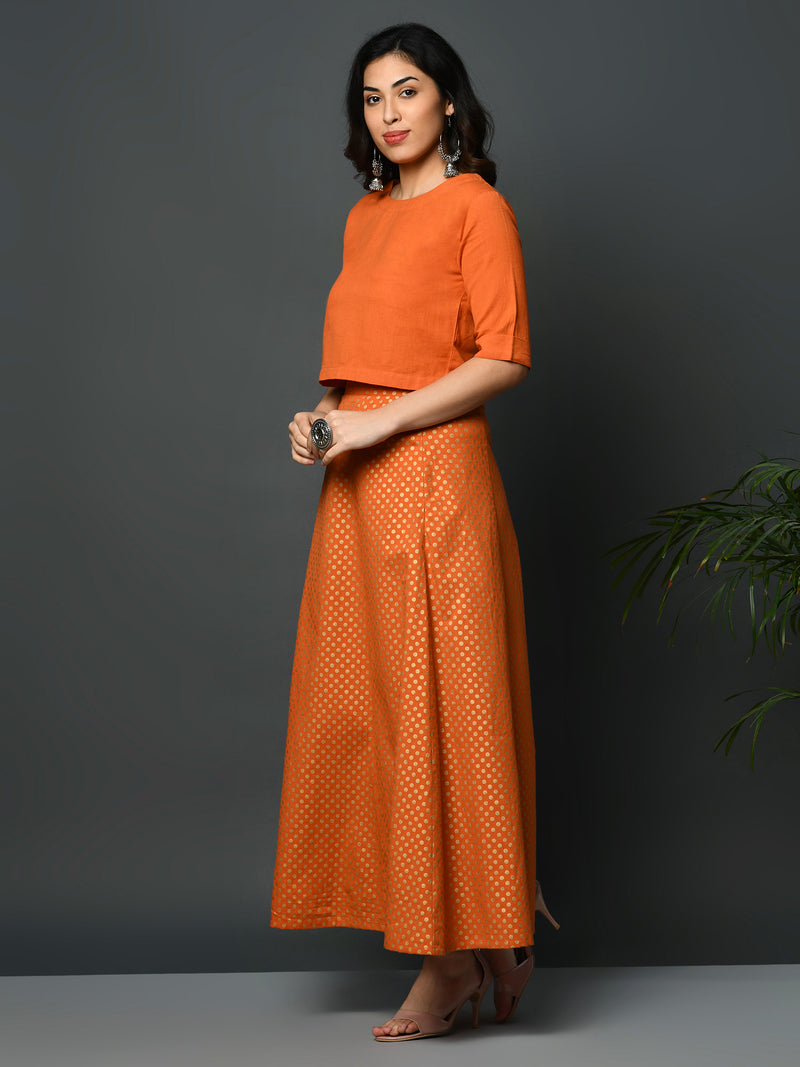 Orange flex crop top and A line orange skirt with khadi polka print set-Full Sets-Fabnest