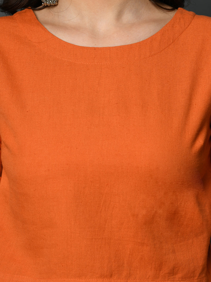 Orange flex crop top and A line orange skirt with khadi polka print set-Full Sets-Fabnest
